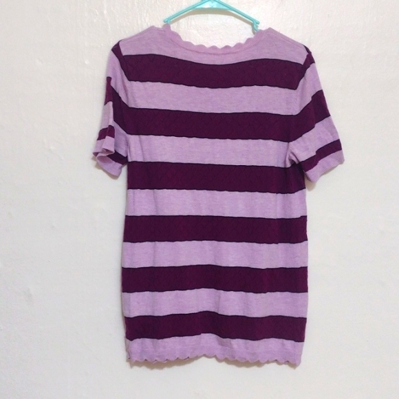 Purple Striped Short Sleeve Pullover Scalloped Hem Knit Sweater Fits M-L - Picture 12 of 12